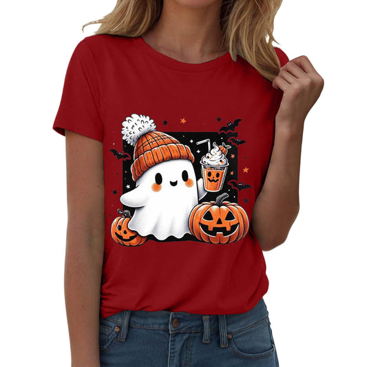 frariair Women's Halloween Pumpkin Print Short Sleeve Crew Neck T Shirt Fall Festival Casual Graphic Tee 2025Red S