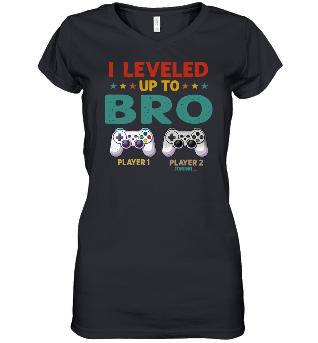 Gender Reveal I Leveled Up To Bro Video Game Lover Father Days Womens V Neck T Shirt