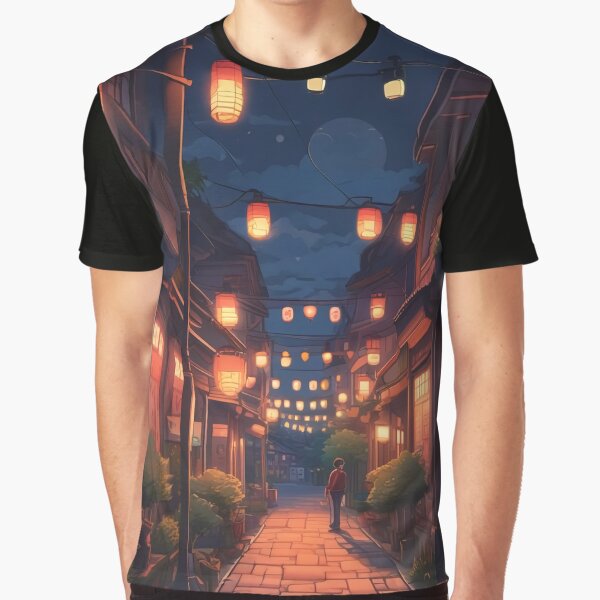 "Night Sky Red Lantern Japanese Lofi Art" Graphic T-Shirt by DreamCraze