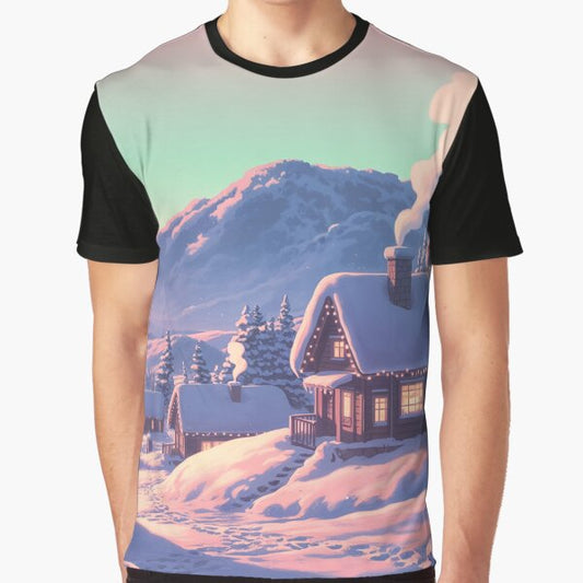 "Winter Cabins Glow Lofi Art" Graphic T-Shirt for Sale by DreamCraze