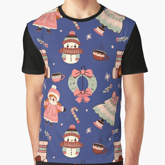 Cute retro Christmas pattern (indigo and pink) Graphic T-Shirt for Sale by SnugbugStudios