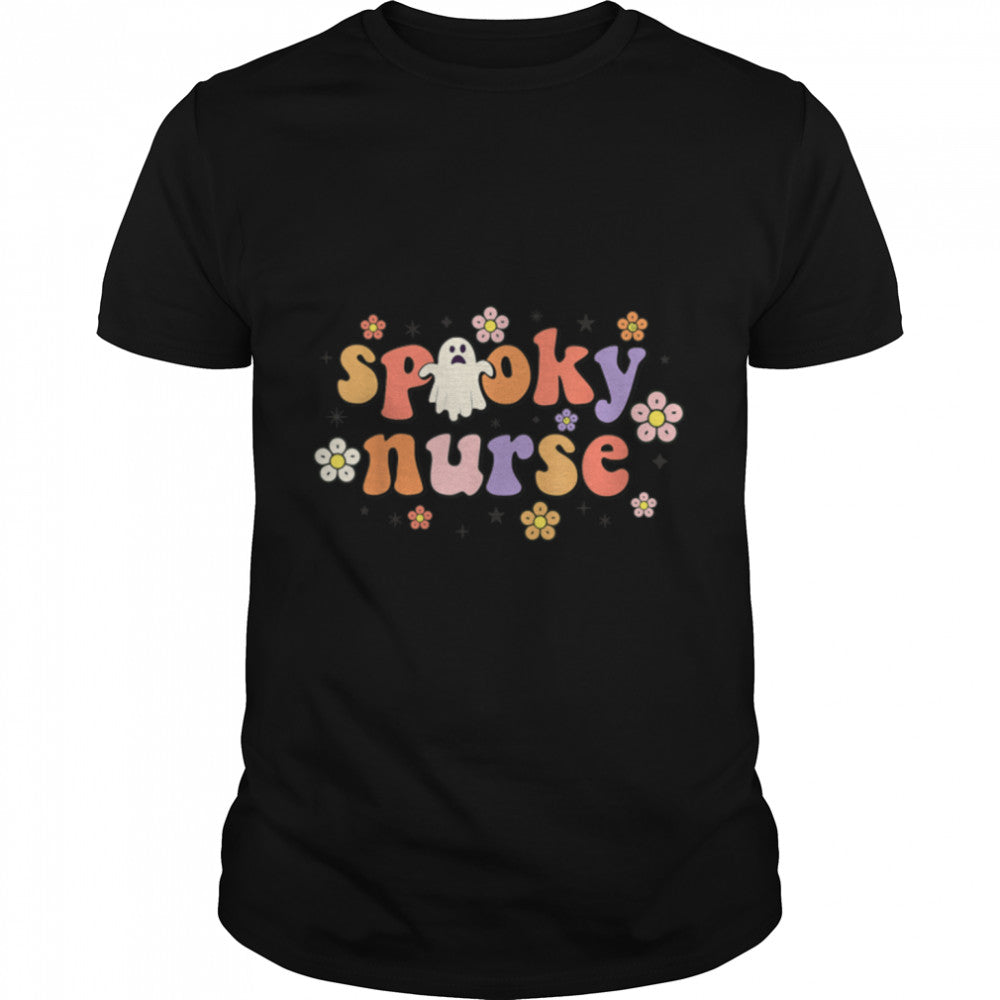Groovy Spooky Nurse Halloween Retro Ghost Floral costume T Shirt B0B9SWFJJR
