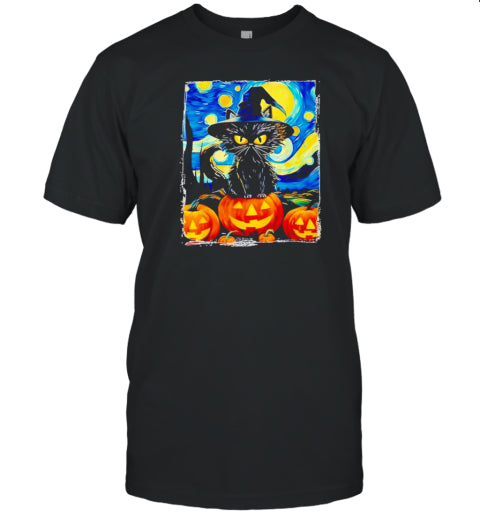 Halloween Black Cat Van Gogh The Starry Night T Shirt