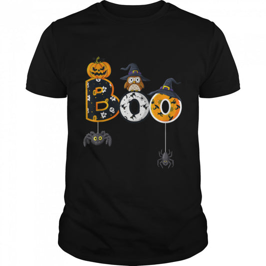 Halloween Boo Owl With Witch Hat Spiders Boys Girls Kids T Shirt B0BBH72BG4