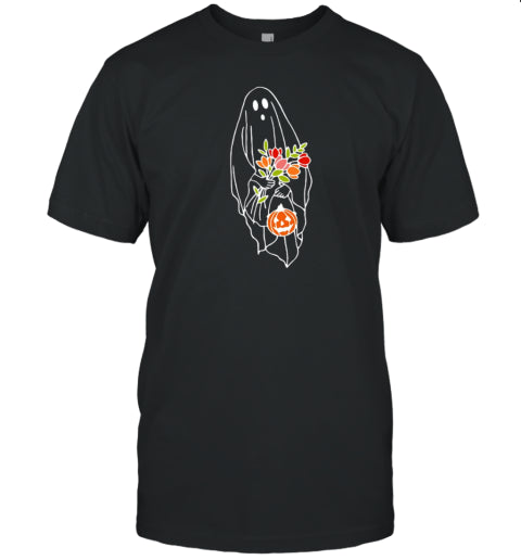Halloween Ghost Holding Flowers Pumpkin T Shirt