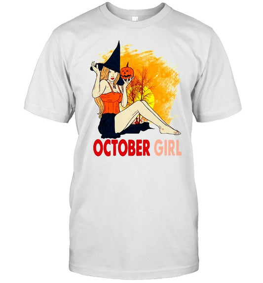 Halloween October Girl Pumpkin Witch Hat Sunset T shirt