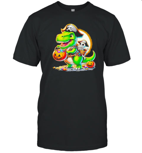 Halloween T Rex Dinosaur Pirate Boy Trick Treat Cartoon Design T Shirt