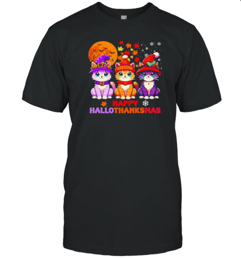 Halloween Thanksgiving Christmas Happy Hallothanksmas Cats Cute Design T Shirt