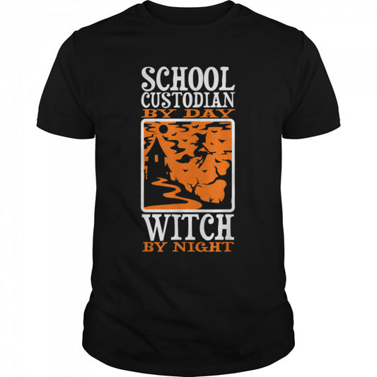 Halloween Witch & School Custodian T Shirt B0B7JTDY75