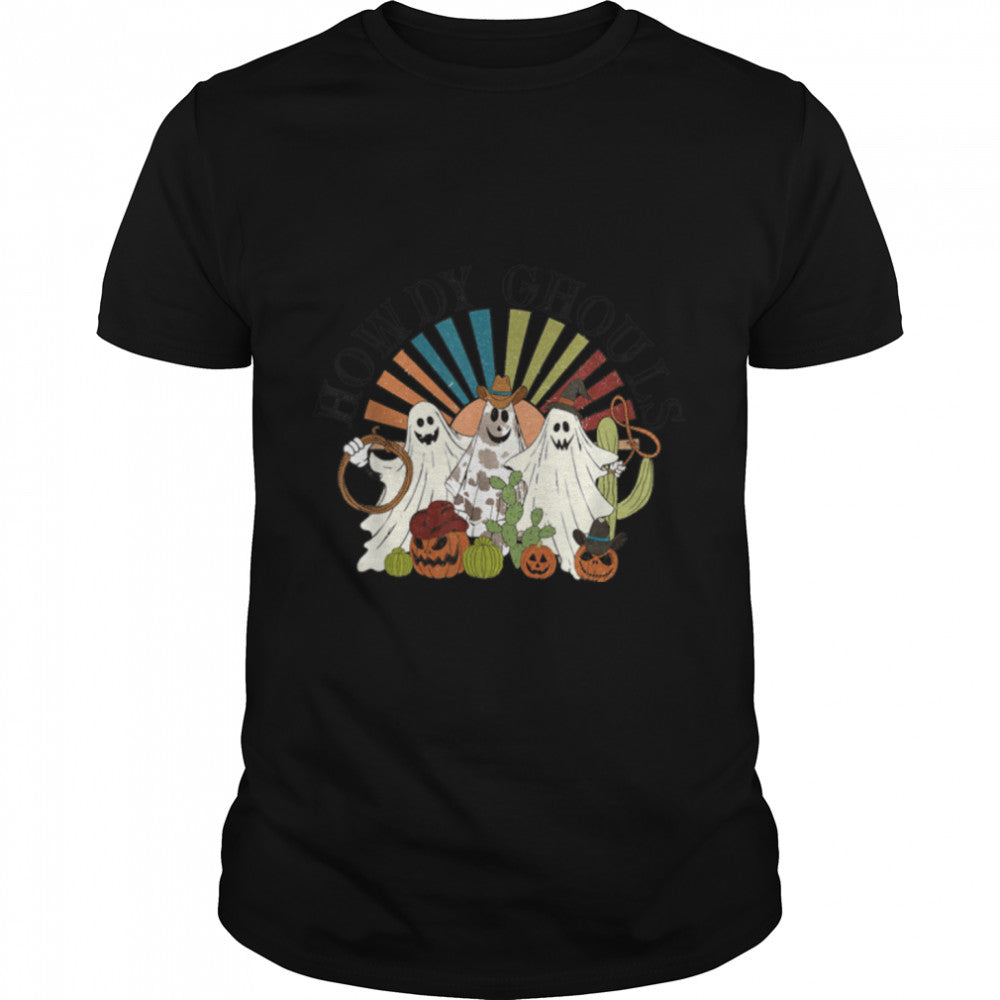 Howdy Ghouls Western Cowboy Ghost Retro Halloween Graphic T Shirt B0B9SXRSJ6