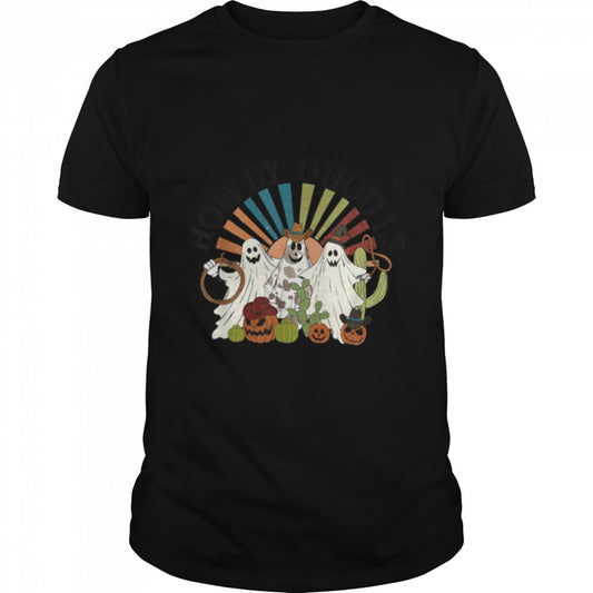 Howdy Ghouls Western Cowboy Ghost Retro Halloween Graphic T Shirt B0B9SXRSJ6