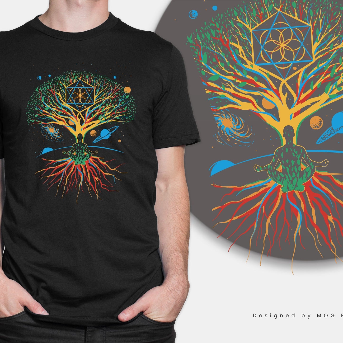 Meditation Zen Tree Life T-shirt | Mandala Meditating Universe Yoga Spiritual Psychedelic Buddhist Cosmic Top Colorful Tee