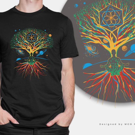 Meditation Zen Tree Life T-shirt | Mandala Meditating Universe Yoga Spiritual Psychedelic Buddhist Cosmic Top Colorful Tee
