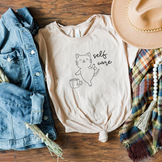 Funny Cat Self Care Shirt | Cat Lover Retro Positive Vibe Cottagecore Yoga Tea Granola Girl Aesthetic Birthday Gift Her Sweatshirt Tee