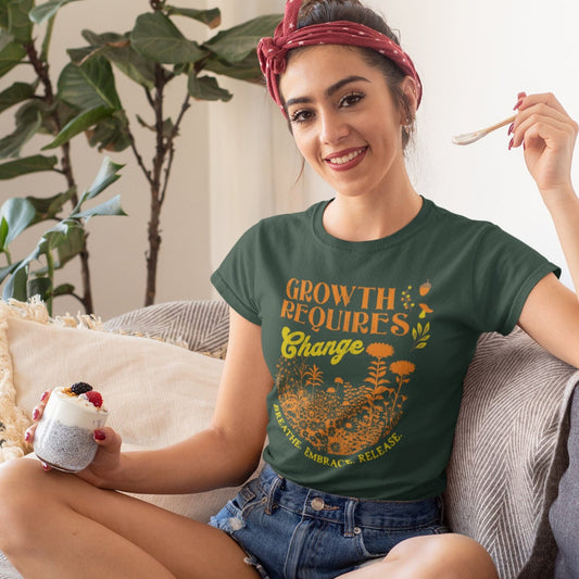 Inspirational Fall T-Shirt | Growth Requires Change Mindset Breathe Release Embrace Change Empower Quote Tee