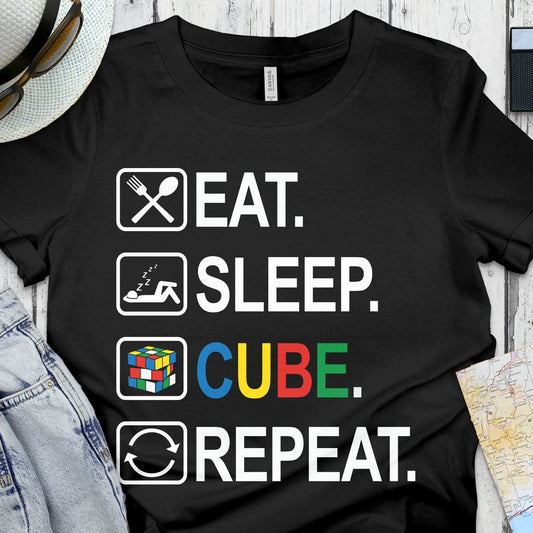 Rubiks Cube Costume Gifts T-Shirt | Eat Sleep Cube Repeat Tee | Funny Puzzle Shirt
