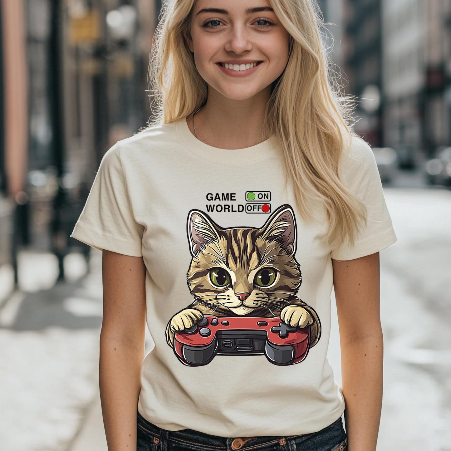 t-shirt with cute gamer kitten, gamer cat, influencer cat, funny t-shirt, gift for friend, gift for gamer, t-shirt for dj, fashion t-shirt