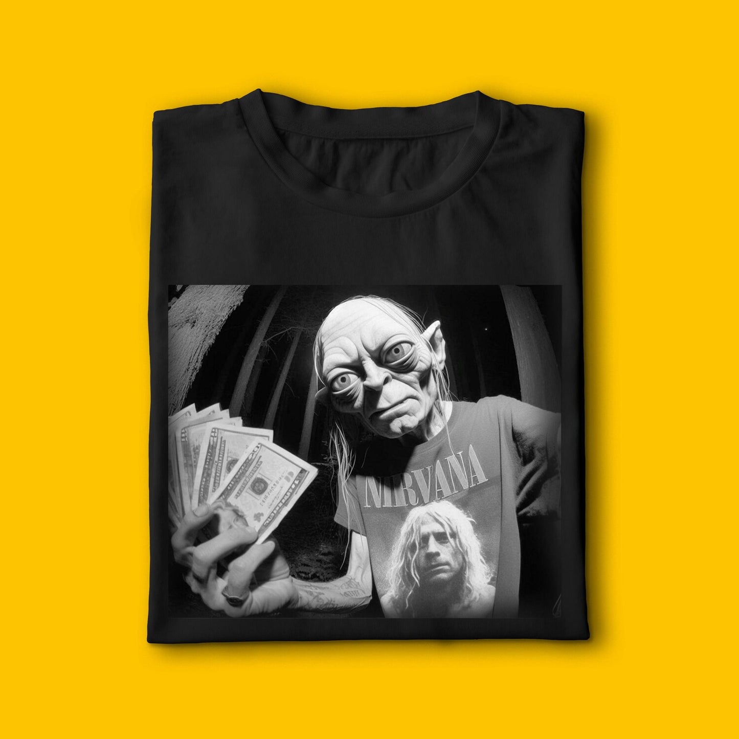 Funny Goblin flashing cash Nirvana style LOTR Fan T shirt by Gildan Premium Heavyweight 100% Cotton
