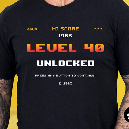 40th Birthday Shirt | Level 40 Unlocked | 1985 Retro Arcade Tee | Gift for 40 Year Old Gamer | Birthday Party Tshirt | Funny Bday T shirt