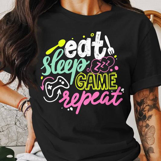 Eat Sleep Game Repeat T-Shirt - Gamer Tee - Funny Gaming Shirt - Gift for Gamers - Cool Graphic Tee