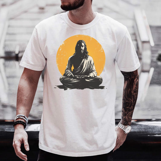 Jesus Prayer T-Shirt Spiritual Silhouette Yellow Halo Holy Yoga Christian Zen Graphic Tee Gift