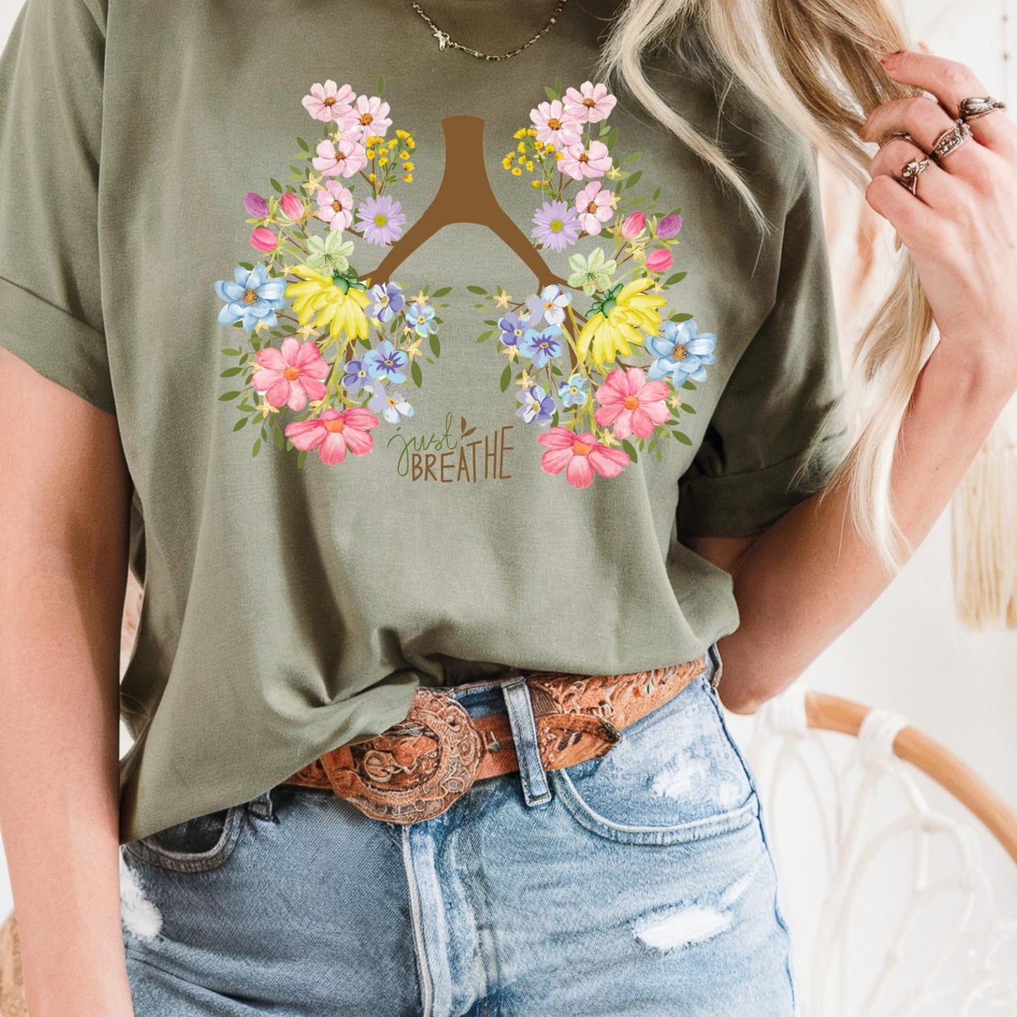 Just Breathe Floral Lungs T-Shirt | Motivational Yoga Tee