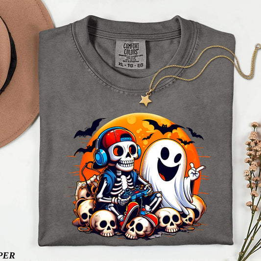 Funny Halloween Gamer T-Shirt: Spooky Skeleton Ghost Gaming Tee
