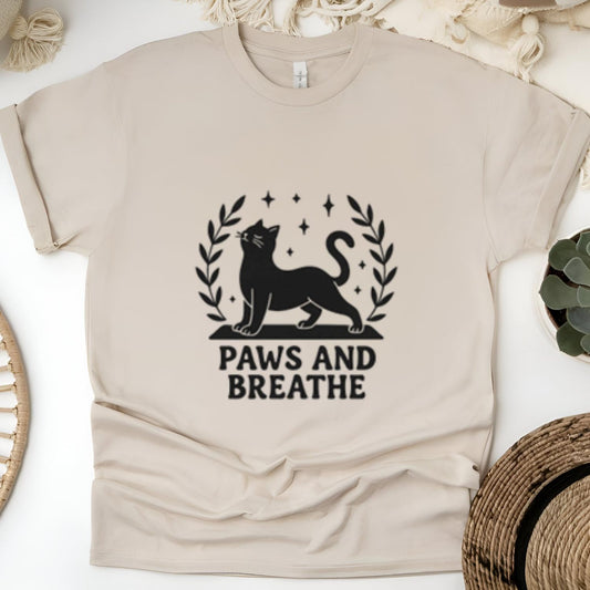 Funny Paws and Breathe Yoga Cat Unisex Heavy Cotton Tee | Stretching Cat Lover Yoga Lover Gift Tee