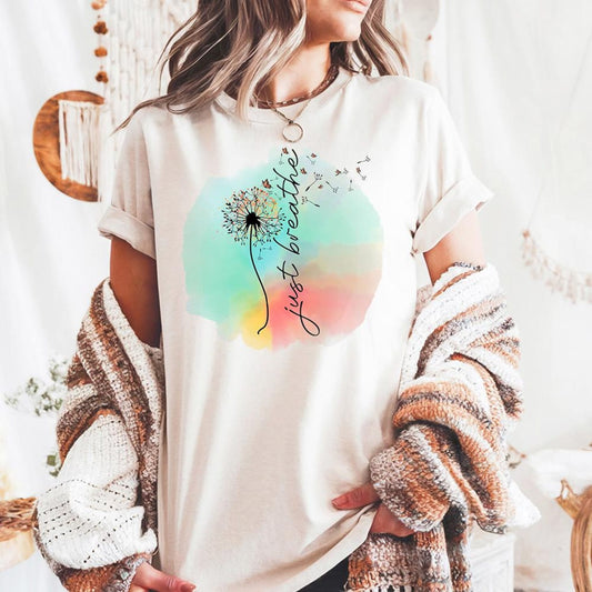 Just Breathe Comfort Colors Meditation Yoga Mental Health Dandelion Yoga Lover Motivational Shirt Tee