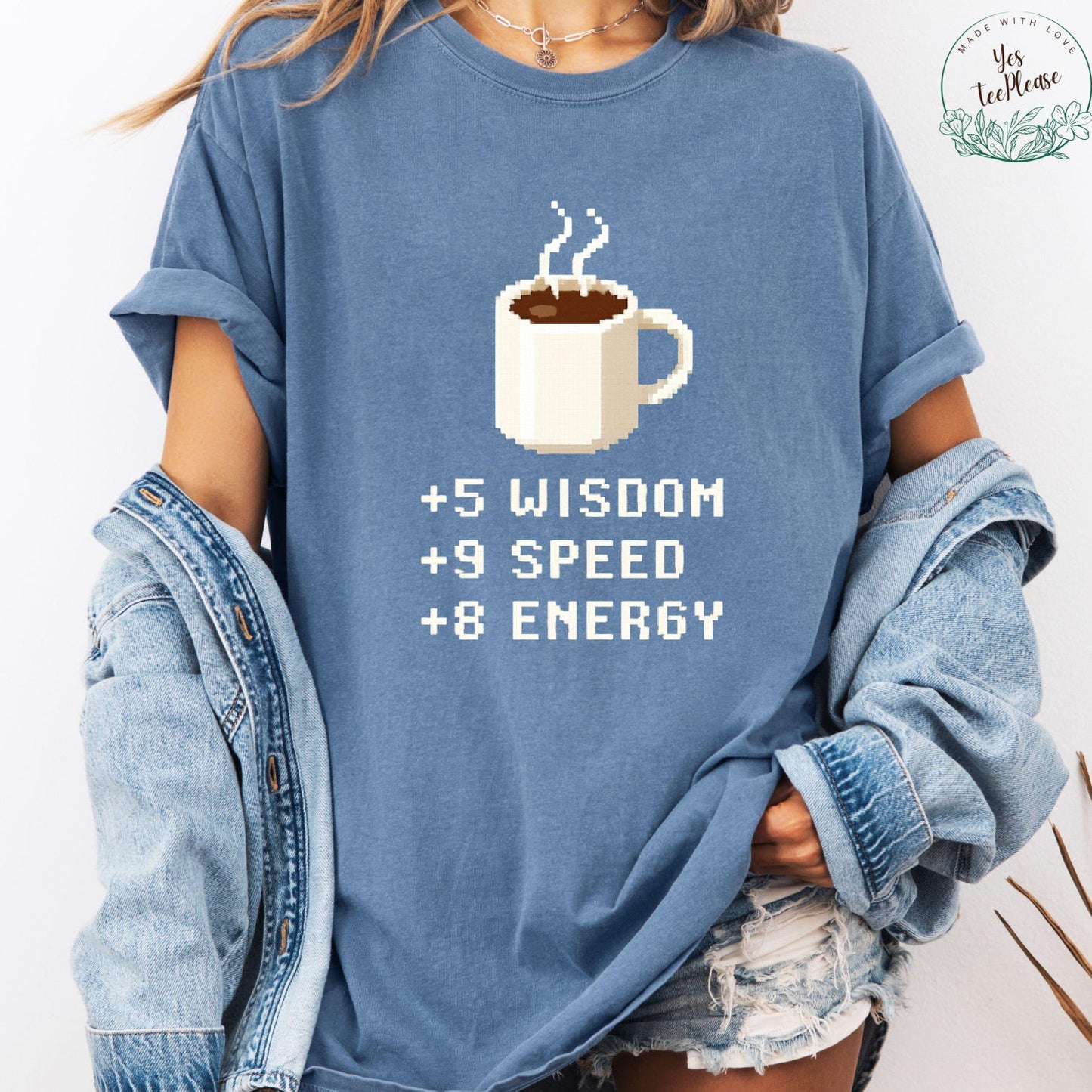 Pixel Coffee Power T-Shirt | Funny RPG Stats Tee | Gamer Gift For Coffee Lovers