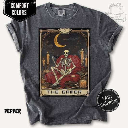 Funny Gaming Shirt, The Gamer Tarot Card Shirt, Comfort Colors Nerdy Tshirt, Unisex Skeleton Gaming Tshirt, Dark Academia Gamer Boy Gift