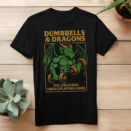 Dumbbells & Dragons T-Shirt | Funny Gym Workout Gamer Tee | Fitness Apparel