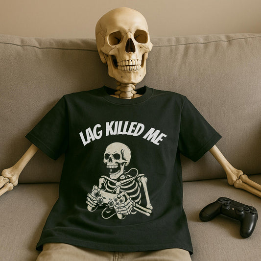 Lag Killed Me Gamer T-Shirt | Funny Skeleton Graphic Tee | Halloween Gaming Shirt