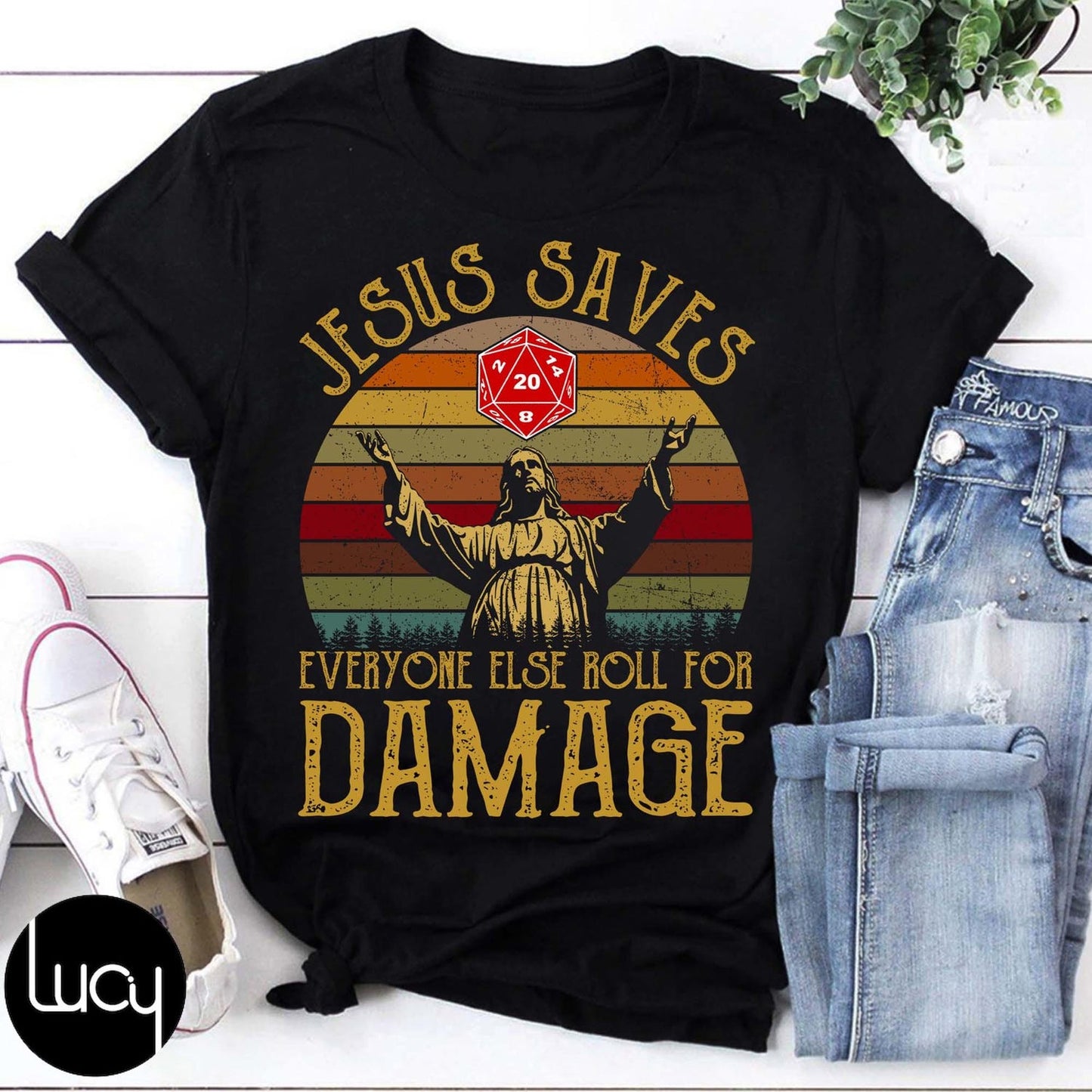 Jesus Saves Everyone Else Roll For Damage T-Shirt | Funny Christian DnD Shirt | D20 Gaming Tee
