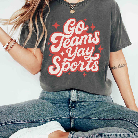 Go Teams Yay Sports T-Shirt | Funny Game Day Shirt | Retro Graphic Sporty Shirt