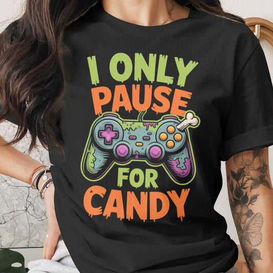 I Only Pause For Candy T-Shirt | Funny Halloween Gamer Tee | Pixel Vampire Gaming Shirt