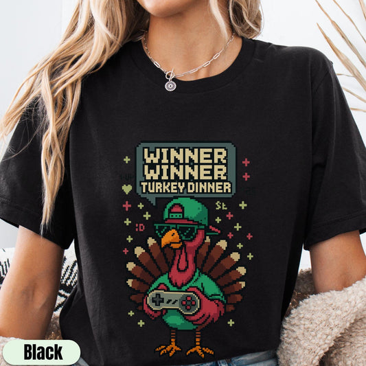 Funny Gamer Turkey Thanksgiving T-Shirt: Pixel Art Winner Dinner Tee