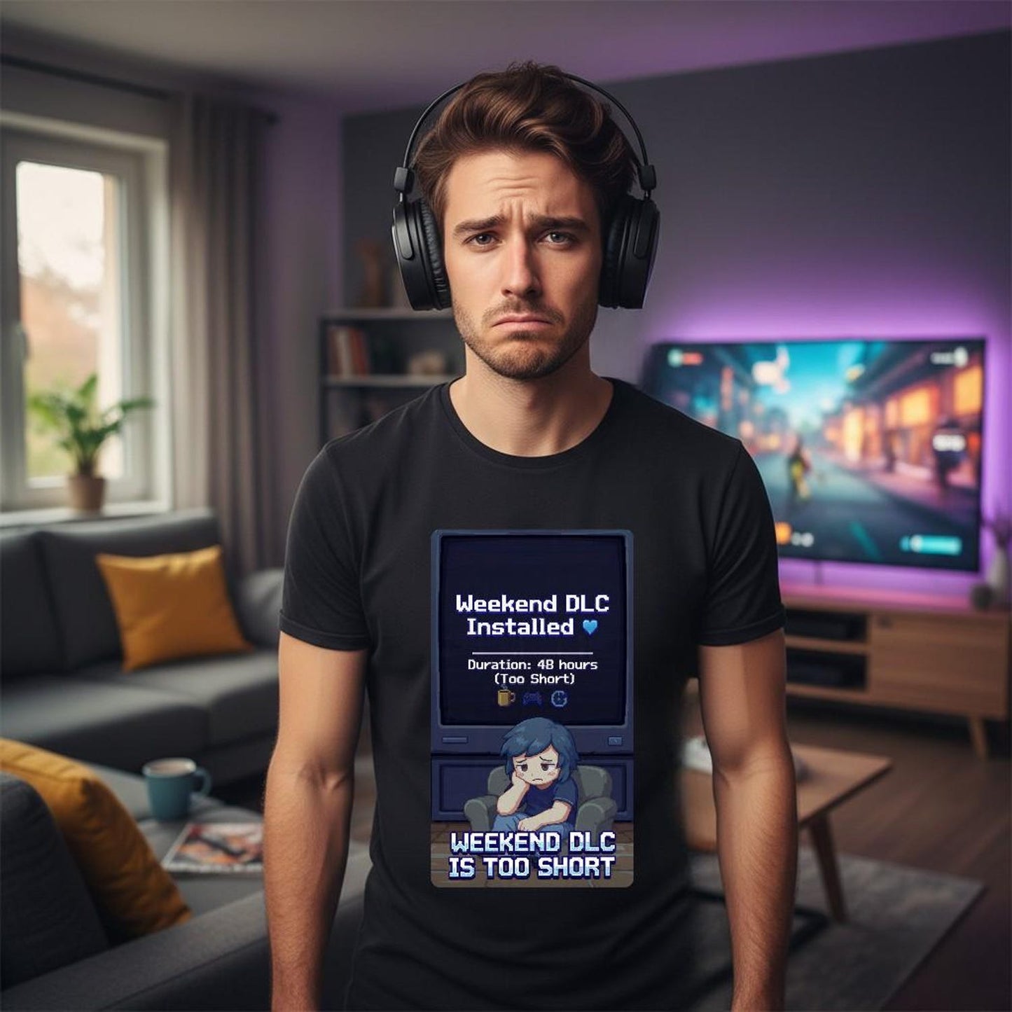 Gamer T Shirt Weekend DLC Is Too Short Funny Meme Tee Gift for Gamers and Streamers Lazy Weekend Humor Shirt Unisex Casual Gaming Apparel