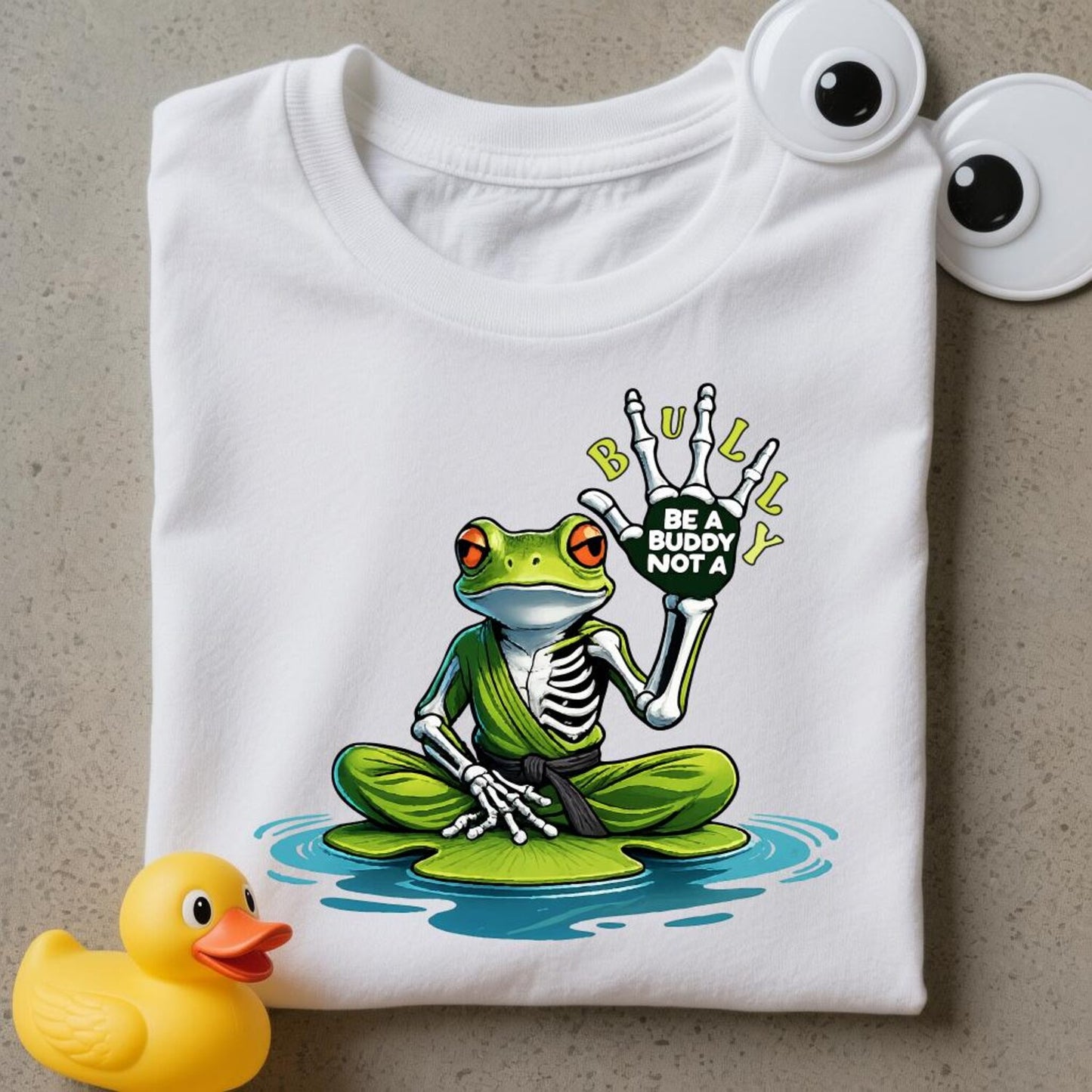 Be A Buddy Not A Bully Yoga Frog Kindness Design | Peaceful Skeleton Meditation Calm Vibe Anti Bullying Positive Energy Artwork Tee