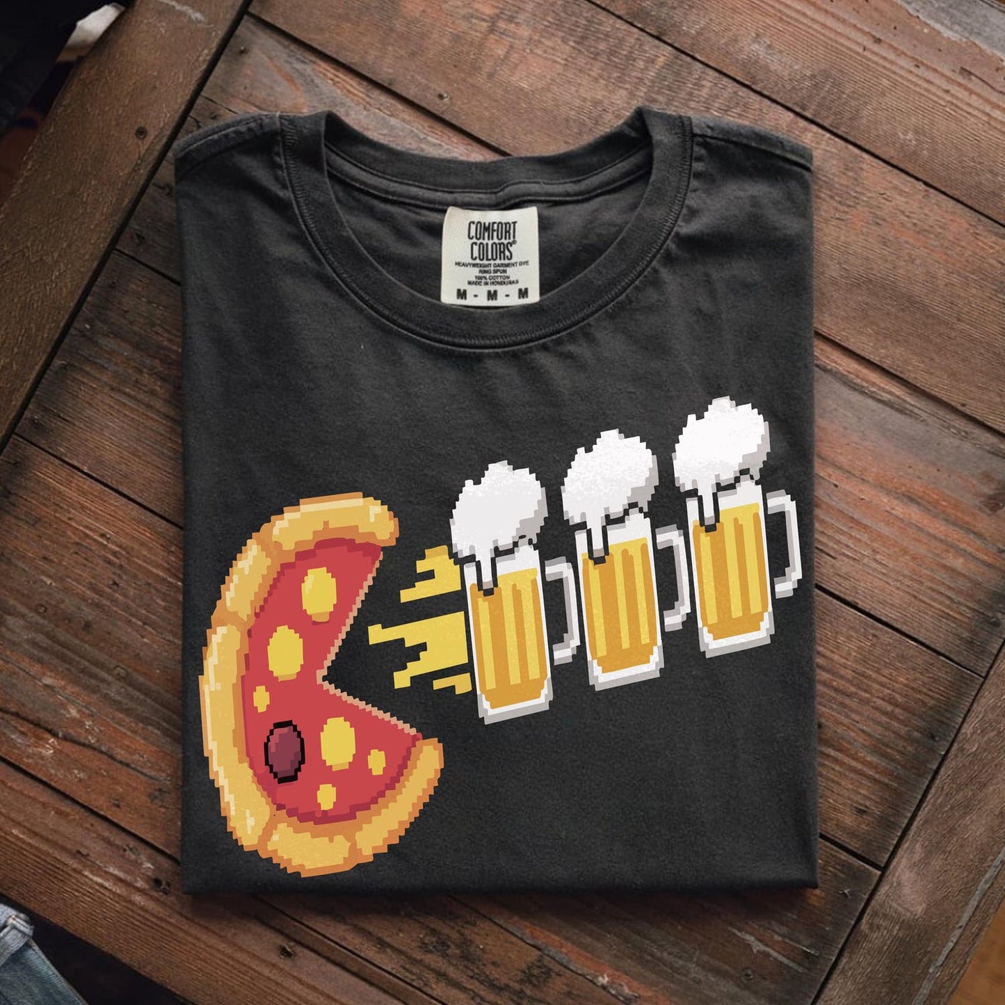 Funny Pizza Pacman Beer Shirt , Retro Gamer Beer Lover Tee, Pixel Pizza Chasing Beer Graphic T-Shirt , Oktoberfest Party Gift
