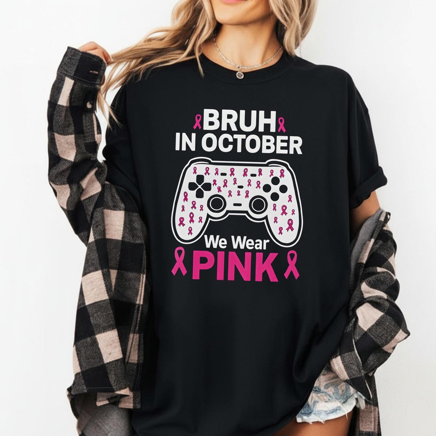 Bruh In October We Wear Pink Shirt | Funny Gamer Awareness Tee | Video Game Controller Top