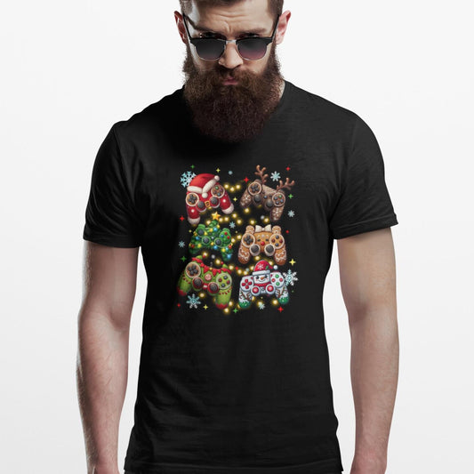 Festive Gamer T-Shirt: Holiday Controllers, Unisex Gaming Apparel