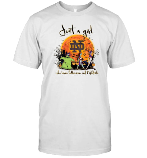 Just A Girl Who Love Halloween And Notre Dame Fighting Irish Football T Shirt