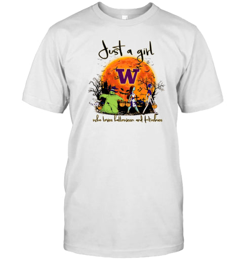 Just A Girl Who Love Halloween And Washington Huskies Football T Shirt