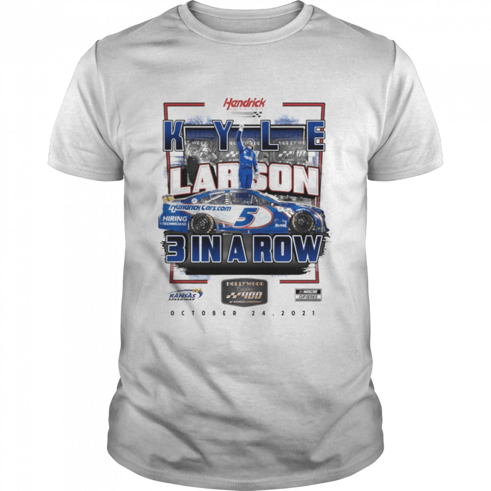 Men’s Kyle Larson Checkered Flag White 2021 Hollywood Casino 400 Race Win Champions 2021 T Shirt