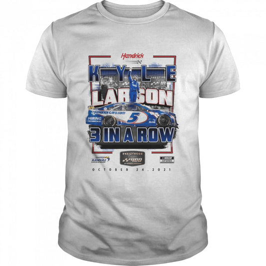 Men’s Kyle Larson Checkered Flag White 2021 Hollywood Casino 400 Race Win Champions 2021 T Shirt