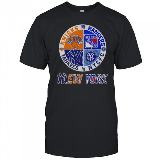 New York Yankees Knicks Rangers NYCFC 4 Teams Sports Circle Logo T Shirt