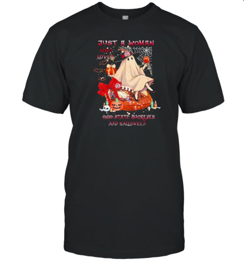Ohio State Buckeyes Just A Women Who Loves Buckeyes And Halloween 2024 T Shirt
