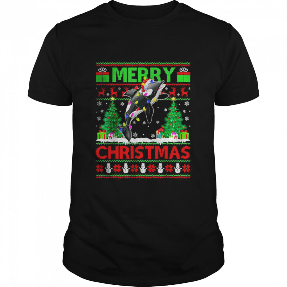 Orca Fish Lover Xmas Lighting Santa Ugly Orca Christmas T Shirt