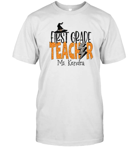 Personalized Name And Grade Halloween Thunder Leopard Teacher T Shirt